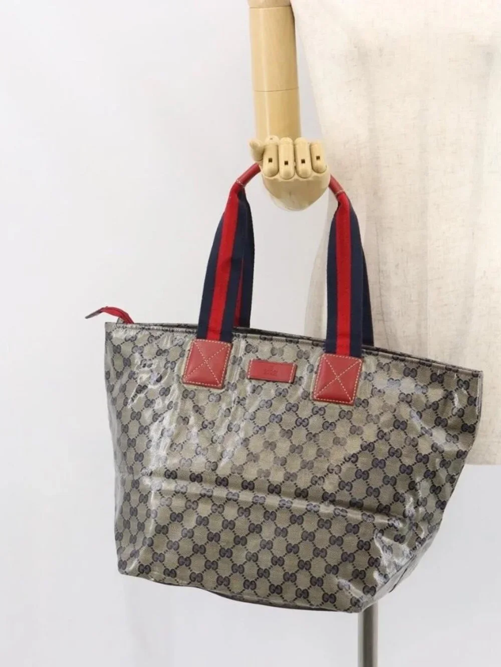 GUCCI GG Crystal Sherry Line Tote Bag Coated Canvas Navy Gold 131231 Auth 164487